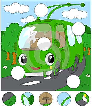 Cartoon trolleybus in the forest road. Complete the puzzle and f