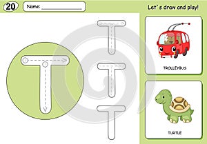 Cartoon trolleybus and turtle. Alphabet tracing worksheet