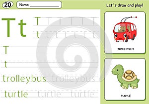 Cartoon trolleybus and turtle. Alphabet tracing worksheet photo