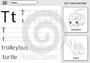 Cartoon trolleybus and turtle. Alphabet tracing worksheet: writing A-Z and educational game for kids