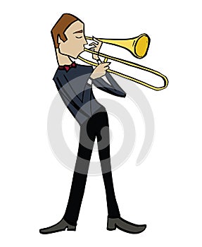 Cartoon trombonist. Musician playing a trombone. photo