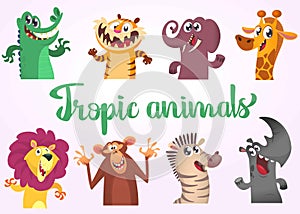 Cartoon tropic wild animals set. Vector illustrations of African animals. Crocodile alligator, tiger, elephant, giraffe, lion, mon