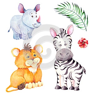 Cartoon tropical animal characters. Little lion, zebra and rhino cubs.