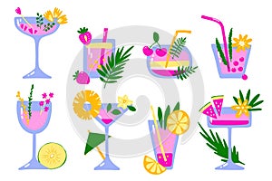 Cartoon tropical cocktails set. Drinks, soda, juice