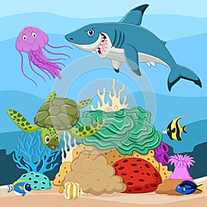 Cartoon tropical fish and beautiful underwater world with corals