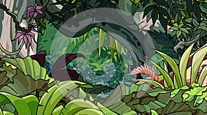 Cartoon tropical forest with a variety of lush vegetation