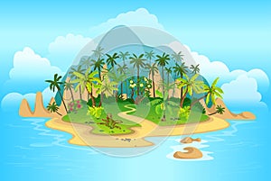 Cartoon tropical island with palm trees. mountains, blue ocean, flowers and vines. Vector illustration