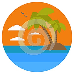 Cartoon Tropical island, palms. Summer Banners with marine symbols. Vector illustration. Tropical sunset. I love summer concept.
