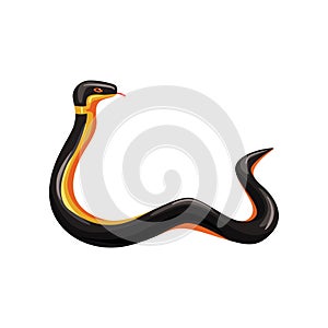 Cartoon tropical snake with tongue out. Harmless serpent with black and yellow scales. Exotic animal. Wildlife concept