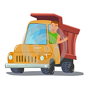 Cartoon Truck Driver Character Waving From Truck. Vector