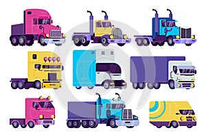 Cartoon truck vector illustration set, flat semi autotruck, van, lorry and heavy vehicle for delivery icons isolated on