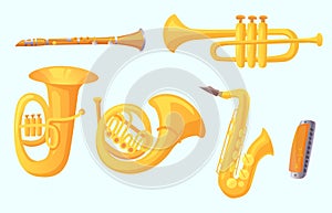 Cartoon trumpet. Winds musical instruments. Music instrument vector collection