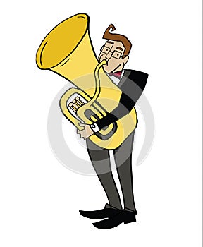 Cartoon tubist. Musician playing a tuba.