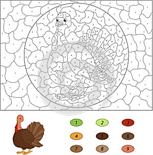 Cartoon turkey. Color by number educational game for kids. Vector illustration