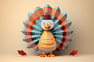 a cartoon turkey with a hat and feathers on a beige background
