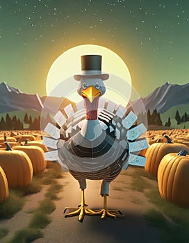A cartoon Turkey walking in the pumpkin patch