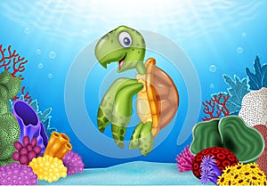 Cartoon turtle with beautiful underwater world