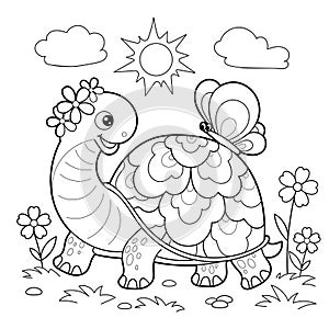 Cartoon turtle with a butterfly. Black and white linear drawing. Vector