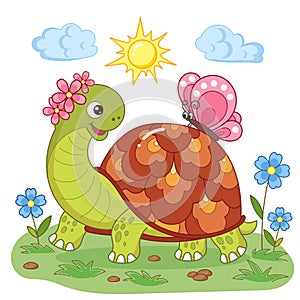 Cartoon turtle with a butterfly on its back. Vector