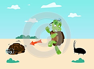 Cartoon turtle. Cute green child tortoise. Frightened animal hides in shell. Marine animal at beach. Logic process