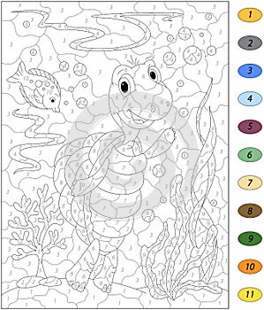 Cartoon turtle and fish in the ocean. Color by number educational game for kids