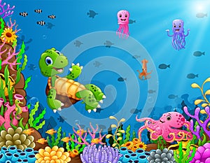 Cartoon turtle and octopus underwater