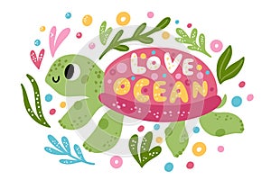 Cartoon turtle poster. Funny ocean animal. Seaweeds and air bubbles. Water reptile with shell. Marine underwater life