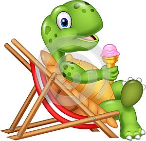 Cartoon turtle sitting on beach chair and holding an ice cream