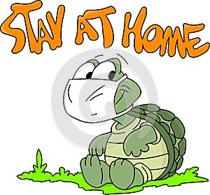 Cartoon turtle sitting inside his shell wearing a protective mask against corona virus vector illustration