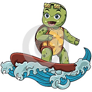 Cartoon turtle surfing in the sea