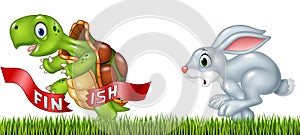 Cartoon a turtle win the race against a bunny