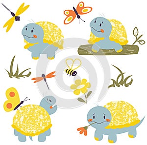 Cartoon turtles with insects set