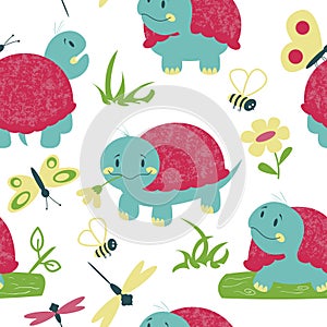 Cartoon turtles with insects vector seamless pattern