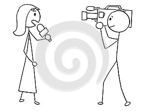 Cartoon of Tv or Television News Woman Female Reporter and Cameraman