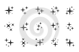 Cartoon twinkle magic star. Sparkle black pictogram, shooting glitter. Groups of shining lights. Shimmer effect for photo