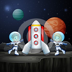 Cartoon two astronaut kids explore the space