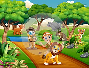 Cartoon of two boy explorer with animals in the jungle