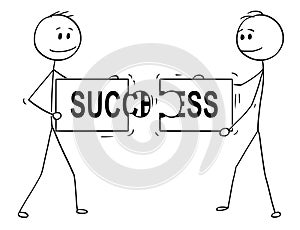 Cartoon of Two Businessmen Holding and Connecting Matching Pieces of Jigsaw Puzzle With Success Text