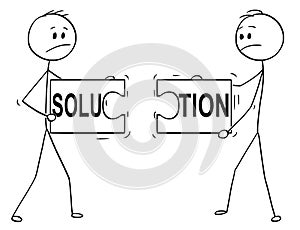 Cartoon of Two Businessmen Holding and Trying to Connect Unmatching Pieces of Jigsaw Puzzle With Solution Text