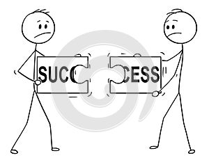 Cartoon of Two Businessmen Holding and Trying to Connect Unmatching Pieces of Jigsaw Puzzle With Success Text