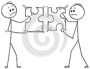 Cartoon of Two Businessmen Holding Unmatching Puzzle Pieces