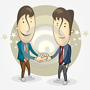 Cartoon of two businessmen shook hands to his involvement. partnership