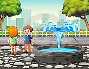 Cartoon two children shaking hands near the fountain