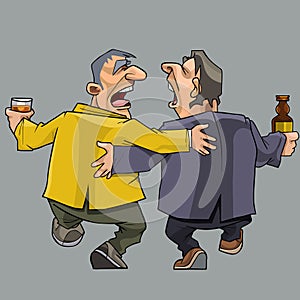 Cartoon two drunk men friends walking and singing