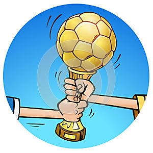 cartoon two football soccer players fight for the golden cup