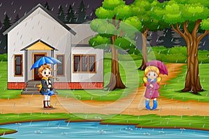 Cartoon two girl carrying umbrella under the rain