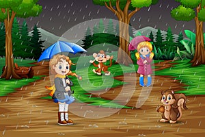 Cartoon two girl playing with animals under the rain