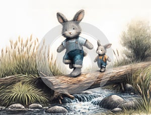 cartoon two happy bunnies father and son are balancing on a fallen log over a stream, photo