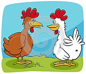 Cartoon two hens farm birds characters talking