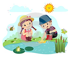 Cartoon of two little kids playing with paper boat in the pond